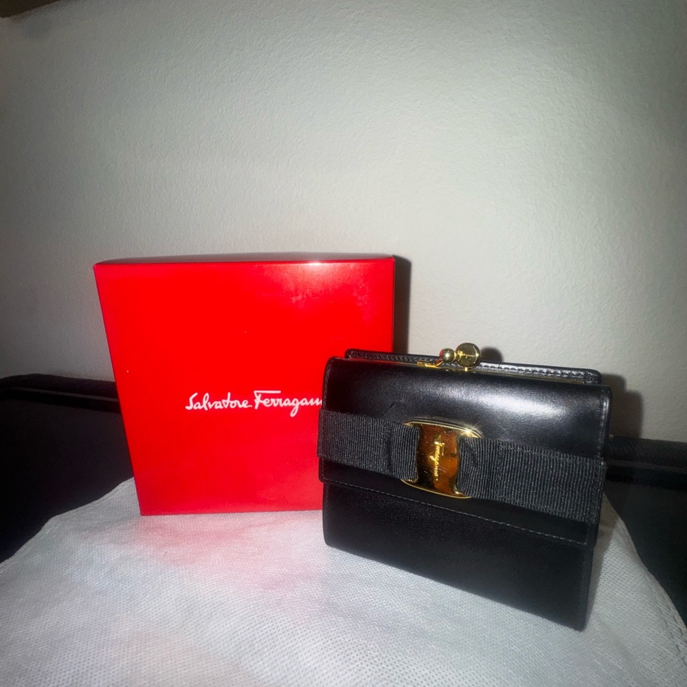 Salvatore Ferragamo Black Leather Wallet with Gold Accent